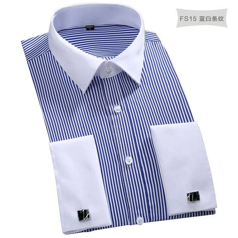 New M~6XL Cotton Men's French Cuffs Business Long Sleeve Shirt Stripes Comfortable Standard Elegant Formal Shirts Cufflink Top