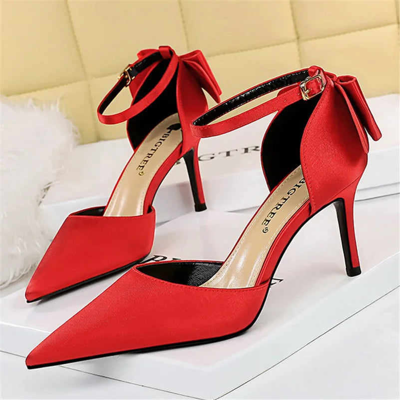 Women's High Heel Bow Sandals – Satin Ankle Strap Stiletto Heels 8cm & 10cm