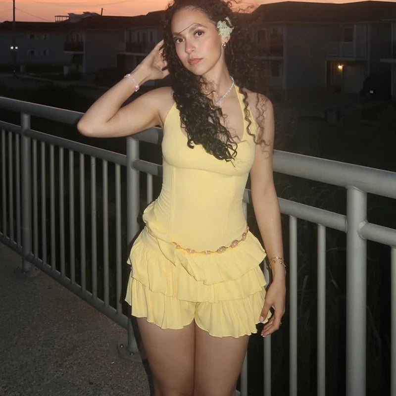 Vacation Halter Mini Dress For Women Solid High Waist Puffy Dress Ruffled Splice Fashion Sexy Slim Dress 2025 Summer New
