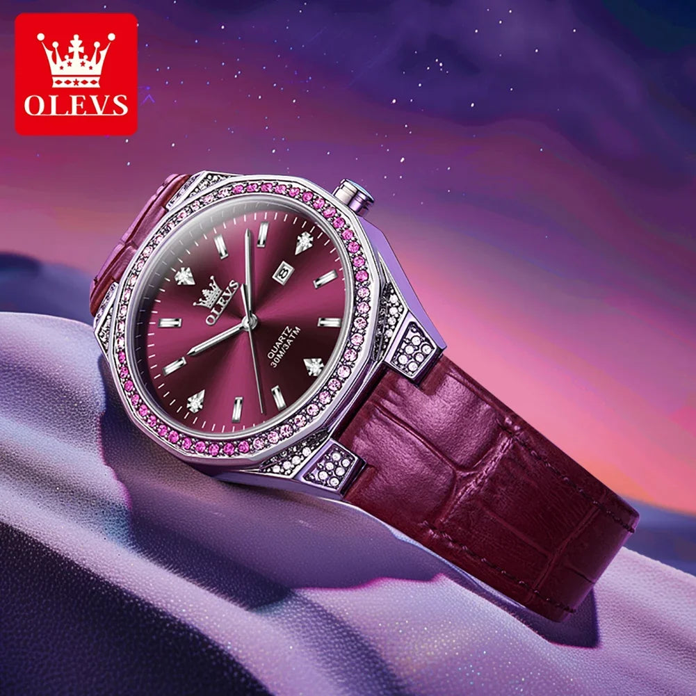 OLEVS 5606 Women's Luxury Diamond Quartz Watch – Leather Strap