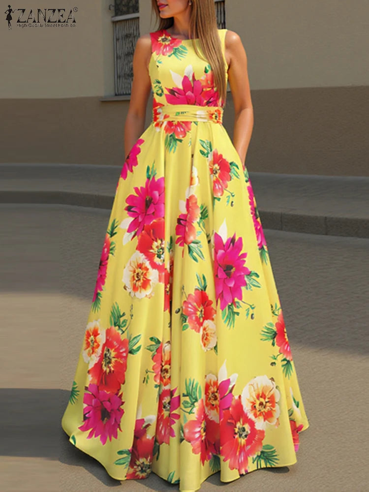 Women's Bohemian Floral Print Sleeveless Maxi Sundress – Loose Fit Summer Party Dress