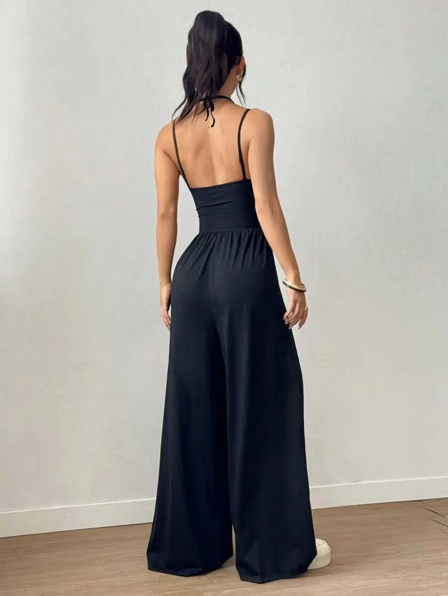 Women's Summer Black Casual Pleated Loose Straight-Leg Jumpsuit, Adjustable Halter Neck Tie