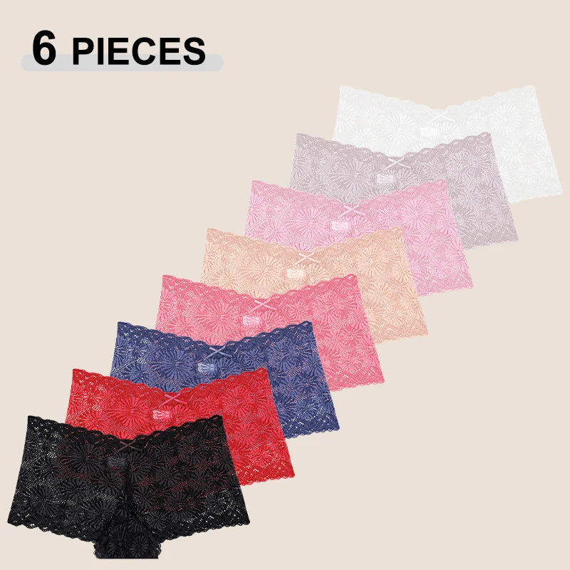 Women's Lace Boyshort Panties 6-Pack | Seamless High-Rise Floral Lingerie | S–2XL