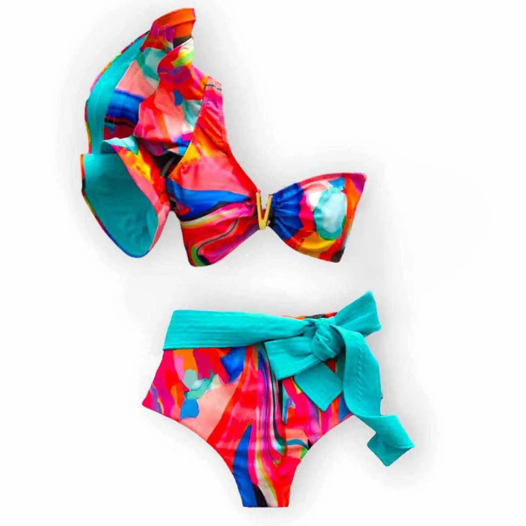 2025 New Sexy High Waist Bikini Sets Ruffle Swimwear Women Swimsuit Print Floral Dots V-neck Beach Wear Bathing Suits Biquini