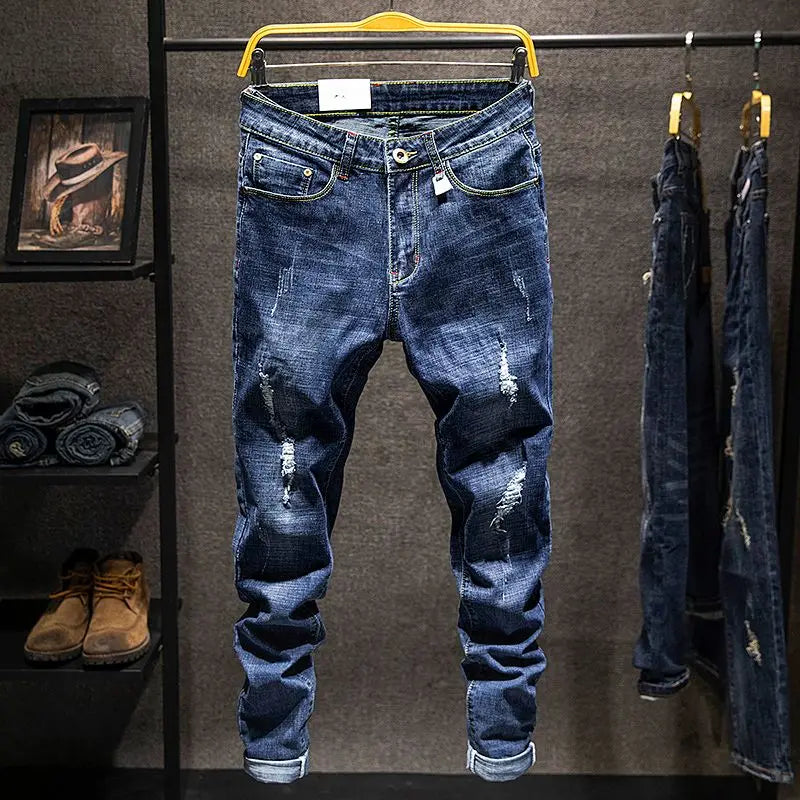 Men's Slim Fit Ripped Stretch Jeans – Distressed Denim