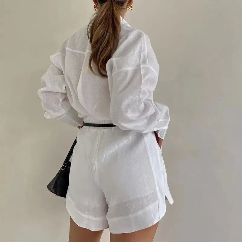 Women's Long Sleeve 2-Piece Set | Button Detail Shirt & Shorts