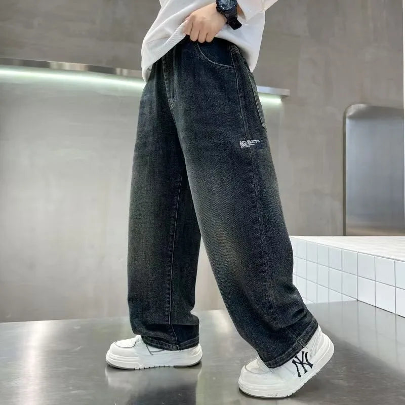 Boys Loose Straight Denim Jeans | Letter Print Kids Pants Ages 4-14