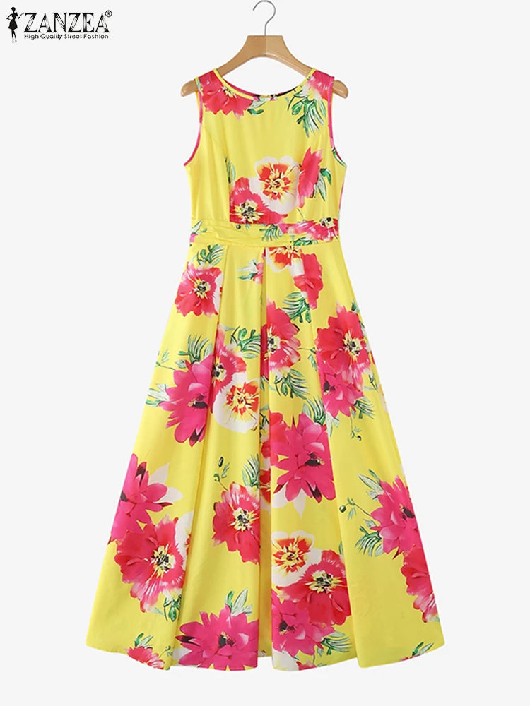 Women's Bohemian Floral Print Sleeveless Maxi Sundress – Loose Fit Summer Party Dress