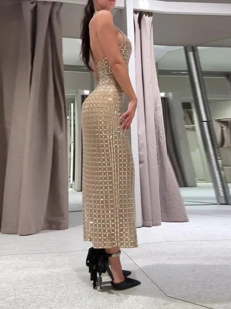 Halter Sequined Midi Dress Women Sexy Turtleneck Sleeveless Backless Waist Cinching Party Evening Dresses Chic Office Lady Robes