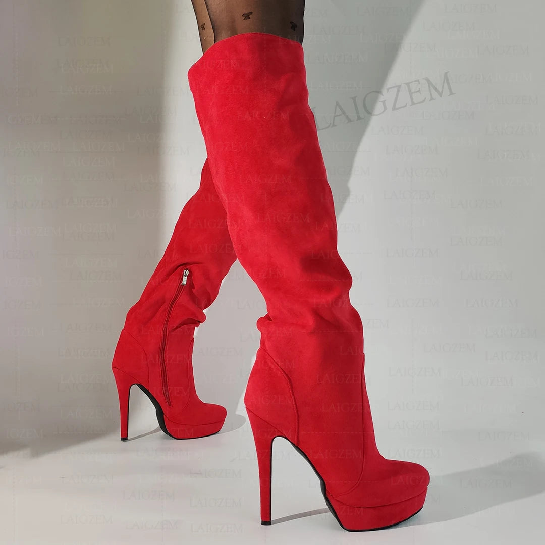 LAIGZEM Women Over Knee High Boots Faux Suede Zip Pleated Thin High Heels Boots Handmade Ladies Shoes Woman Big Size 41 43 45 52