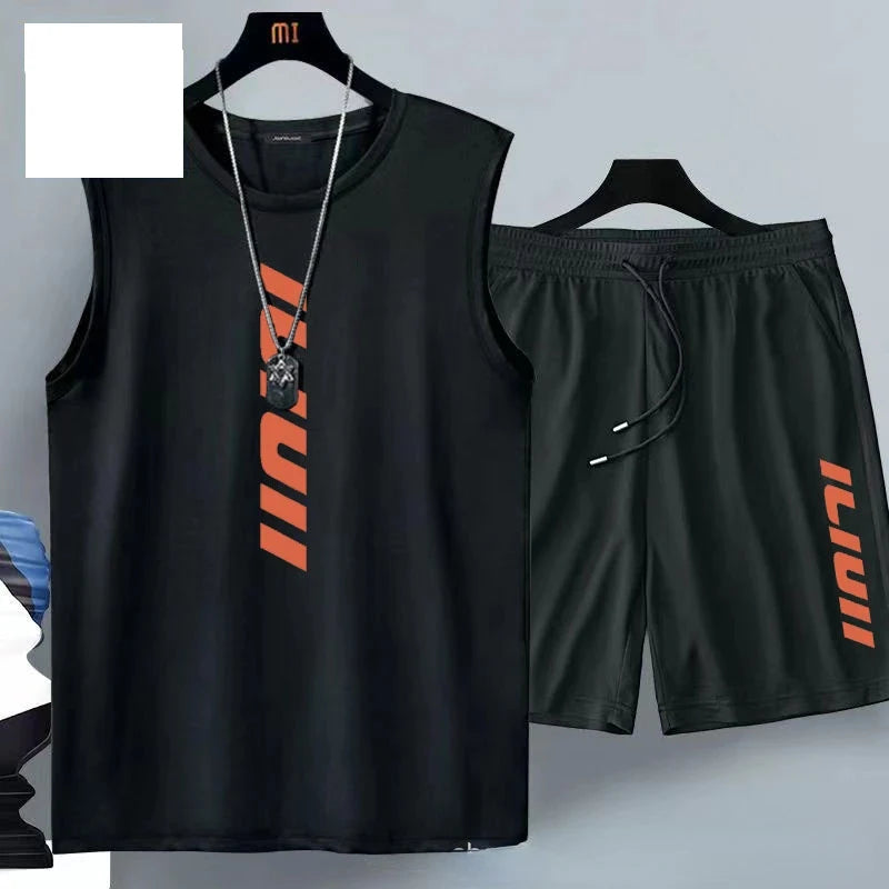 Summer men's clothing Fashion casual basketball suit street sportwear 2 piece breathable short sleeve T-shirt+jogging shorts set