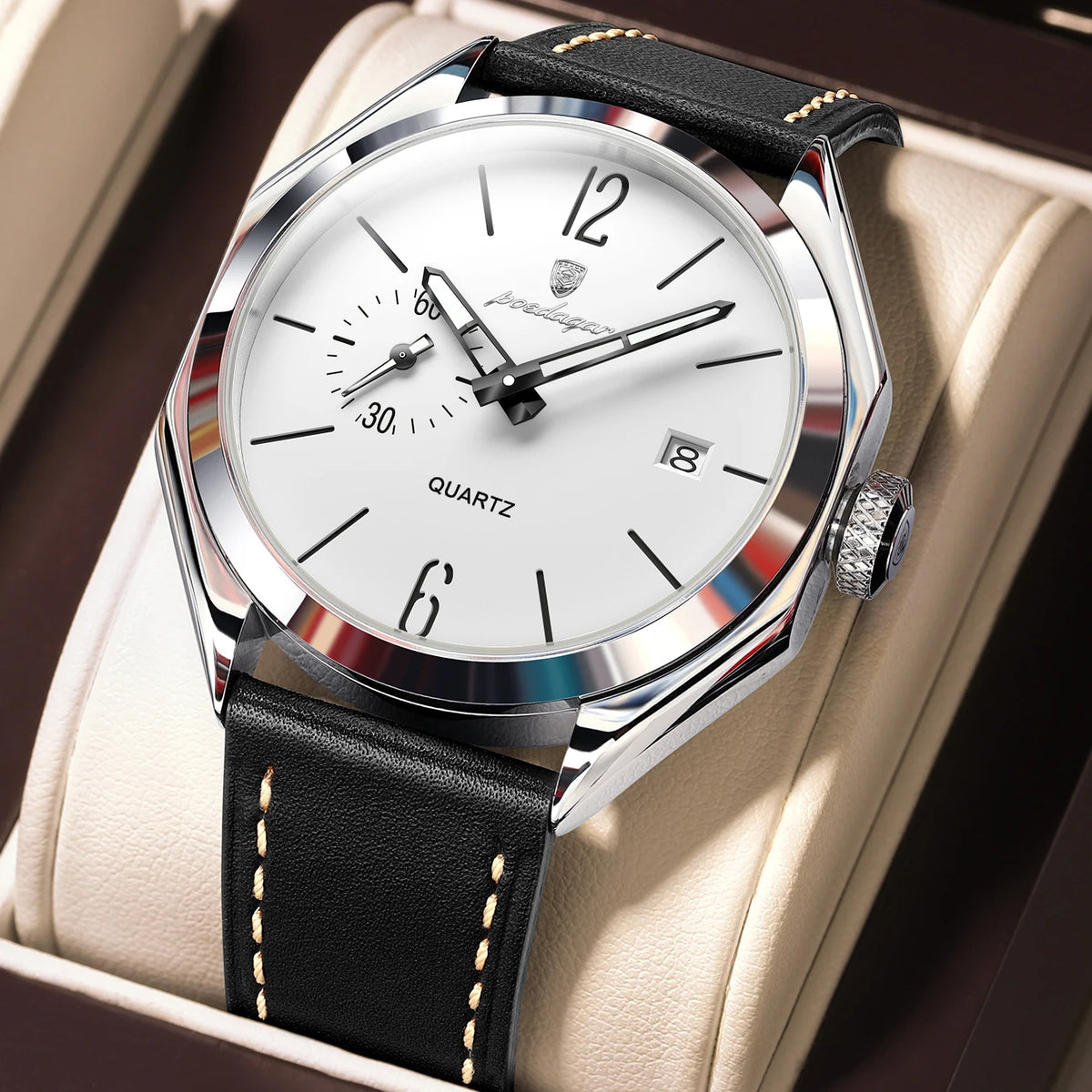 POEDAGAR Men's Leather Quartz Watch