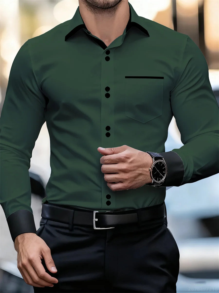 Men's Business Color Block Collar Long Sleeve Shirt, Slim Fit, Wrinkle-Free, Black and White Patchwork Shirt, Men's Fashion Top