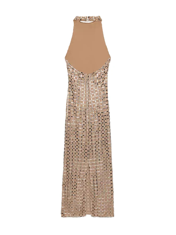 Halter Sequined Midi Dress Women Sexy Turtleneck Sleeveless Backless Waist Cinching Party Evening Dresses Chic Office Lady Robes