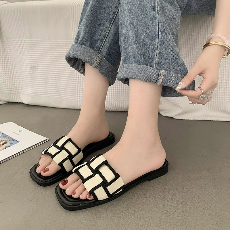 Women's Braided Roman Flat Slippers | Open-Toe Beach Sandals | Beige & Black | EU 35–40