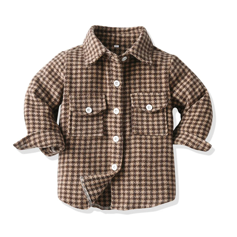 Kids' Korean Plaid Double-Breasted Cardigan Coat – Trendy Unisex Short Jacket for Boys & Girls