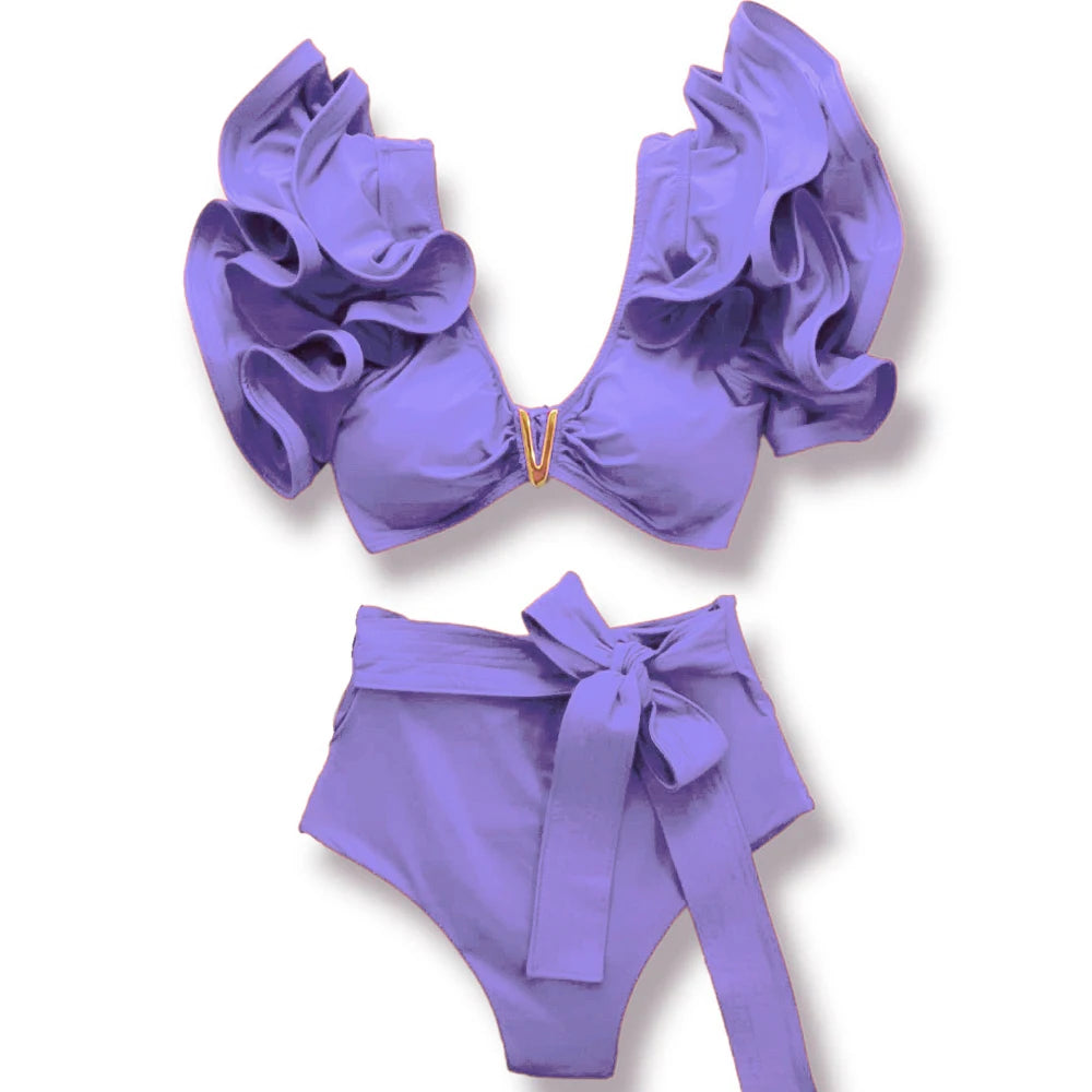 2025 New Sexy High Waist Bikini Sets Ruffle Swimwear Women Swimsuit Print Floral Dots V-neck Beach Wear Bathing Suits Biquini