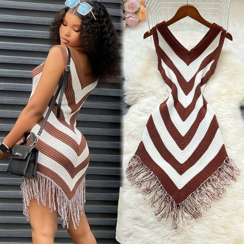 Elegant Knit Bodycon Midi Dress – Slim Fit V-Neck for Women