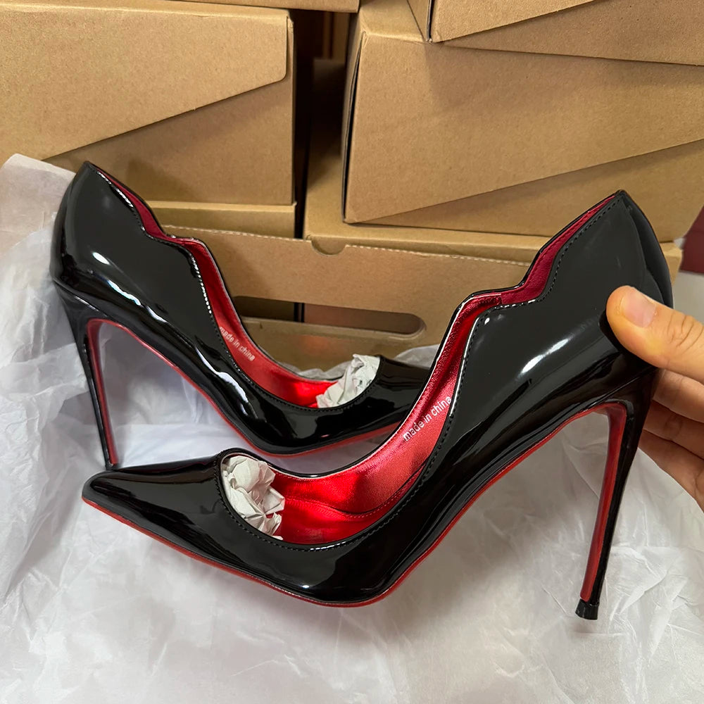 Veowalk Wave Cut Women Pointed Toe Stiletto Pumps Fashion Design Red Inside Slip On 12cm High Heel Shoes Glossy Nude Black White