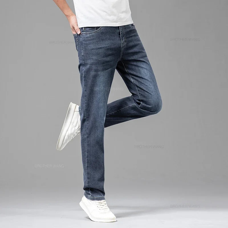 Men's Straight Fit Elastic Cotton Jeans – Lightweight Summer Denim