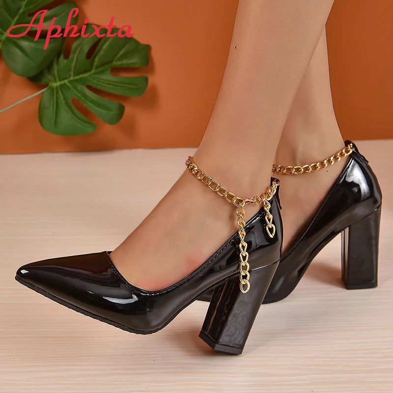 Aphixta Hot Sale Sexy Super High Heel 10cm Square Heels Pumps Women Gold Metal Chain Ankle Strap Shoes Pointed Toe Big Size50 53
