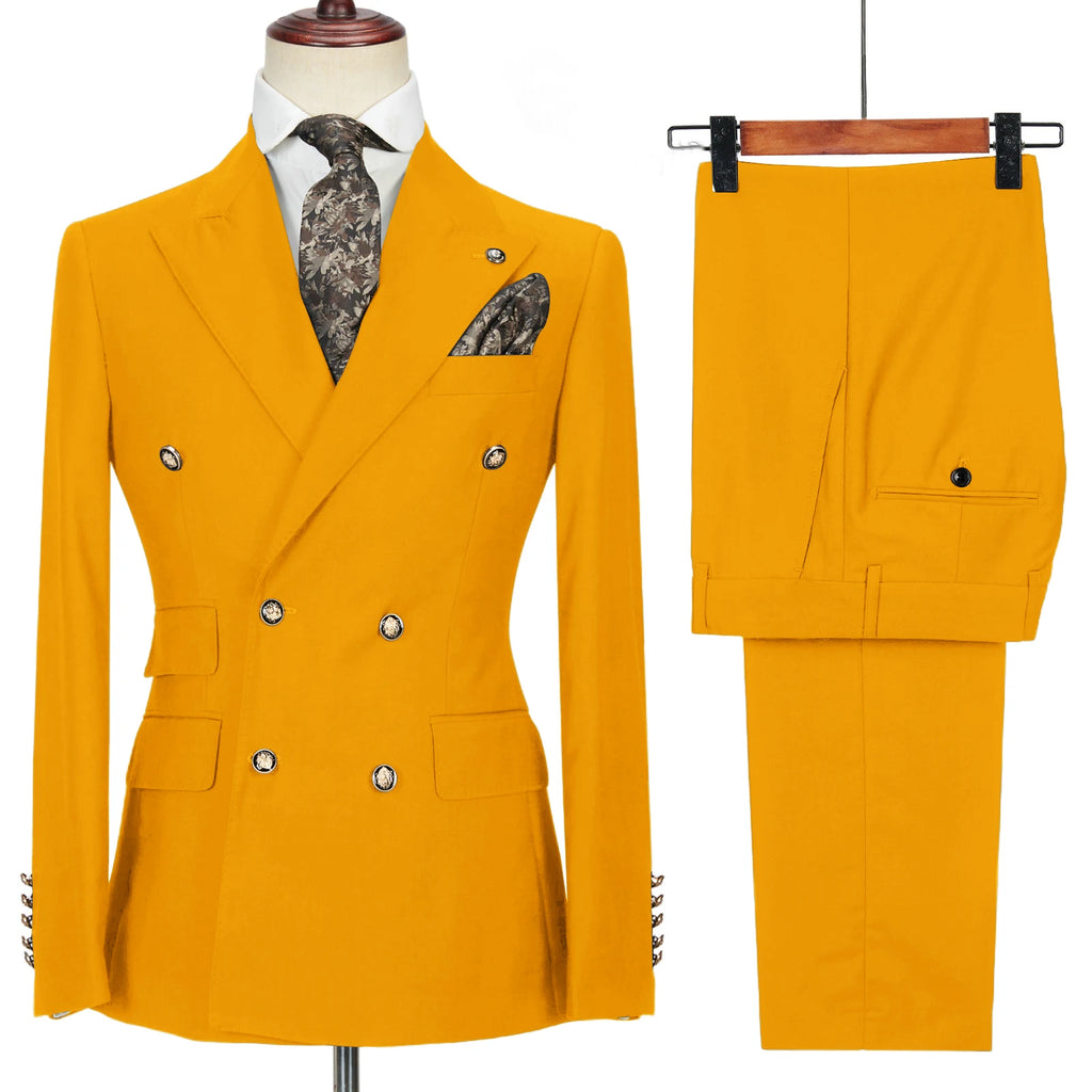 Men's Double-Breasted 2 Piece Suit Set Solid Color Business Casual Wedding Groom Dinner Party Work Jacket