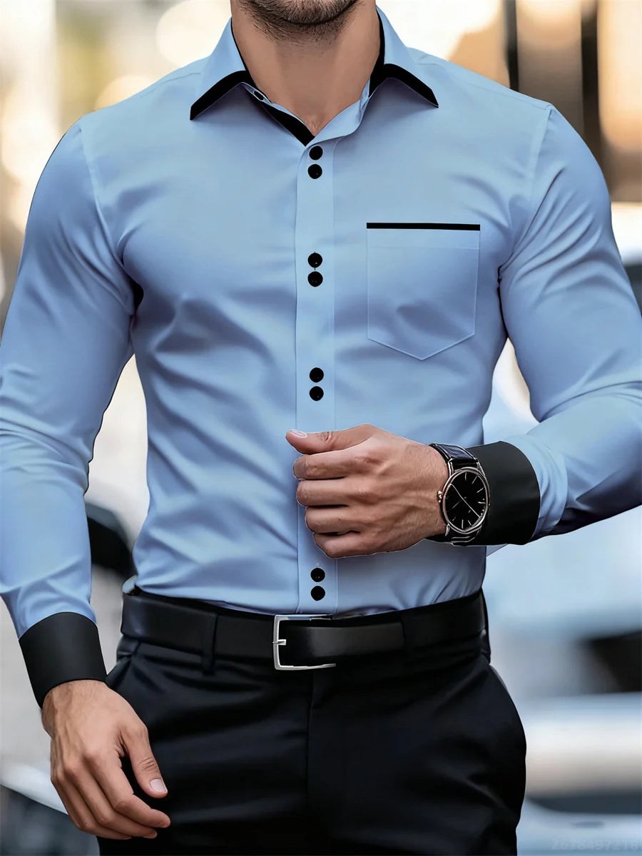 Men's Business Color Block Collar Long Sleeve Shirt, Slim Fit, Wrinkle-Free, Black and White Patchwork Shirt, Men's Fashion Top