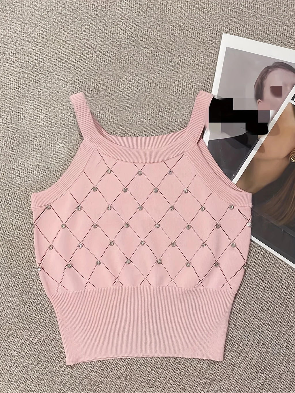 Women's Rhinestone Knit Crop Cami Top — Sleeveless Spaghetti Strap