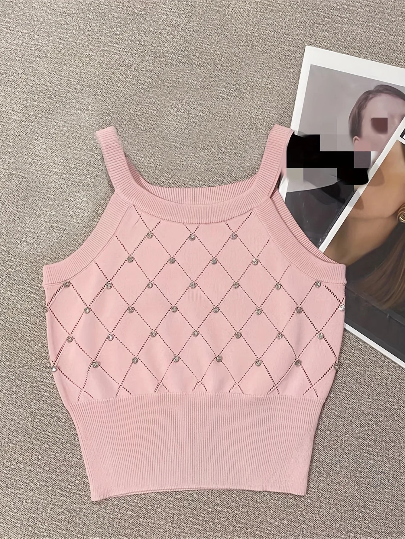 Women's Rhinestone Knit Crop Cami Top — Sleeveless Spaghetti Strap