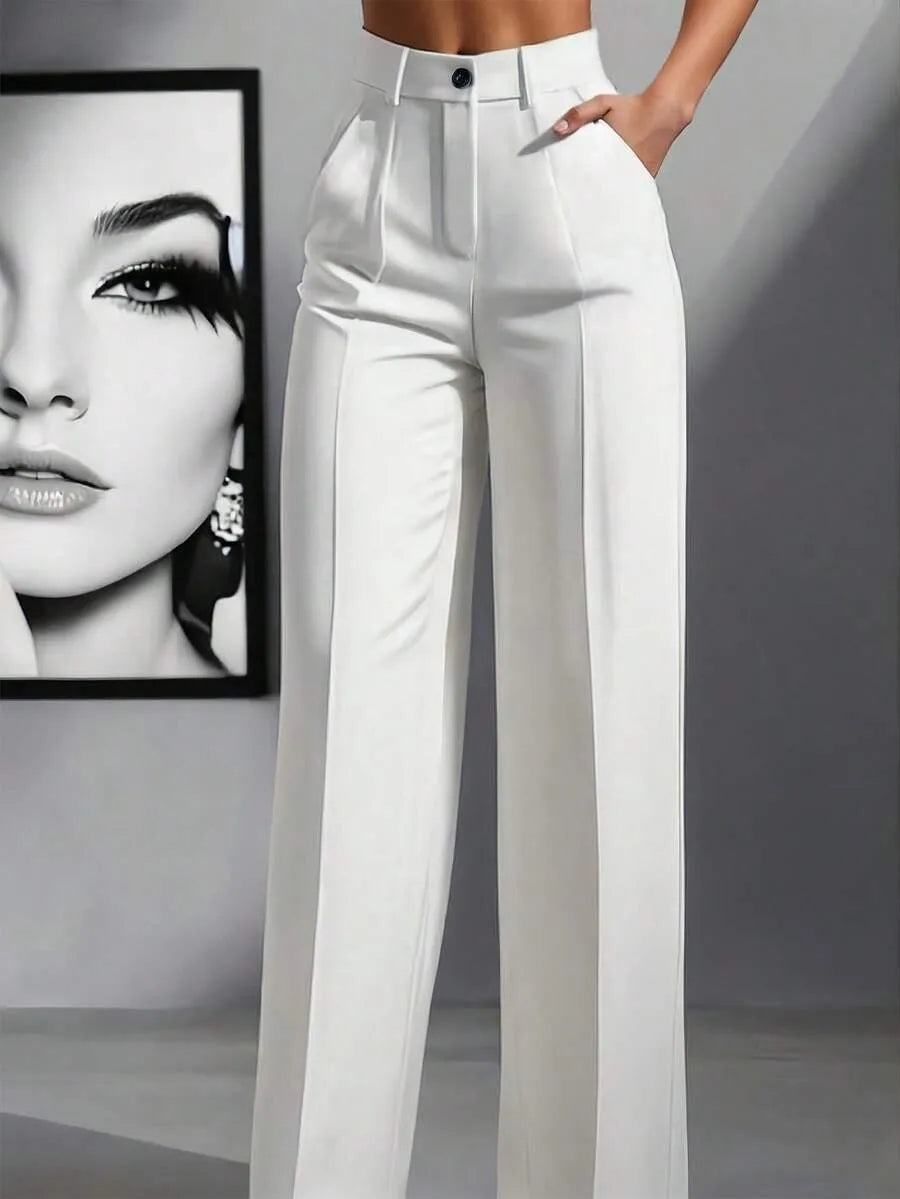 European and American cross-border spring and autumn fashion solid color casual high-waist loose work trousers with pockets