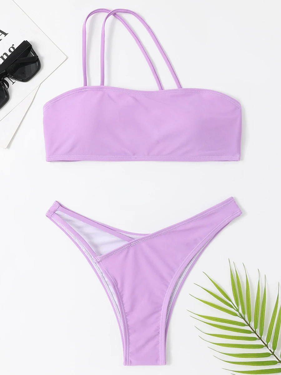 2025 New Push Up Single Shoulder Stripe Women Bikini Set High Cut Printed Bottom Padded Swimwear Summer Beachwear Bathing Suit