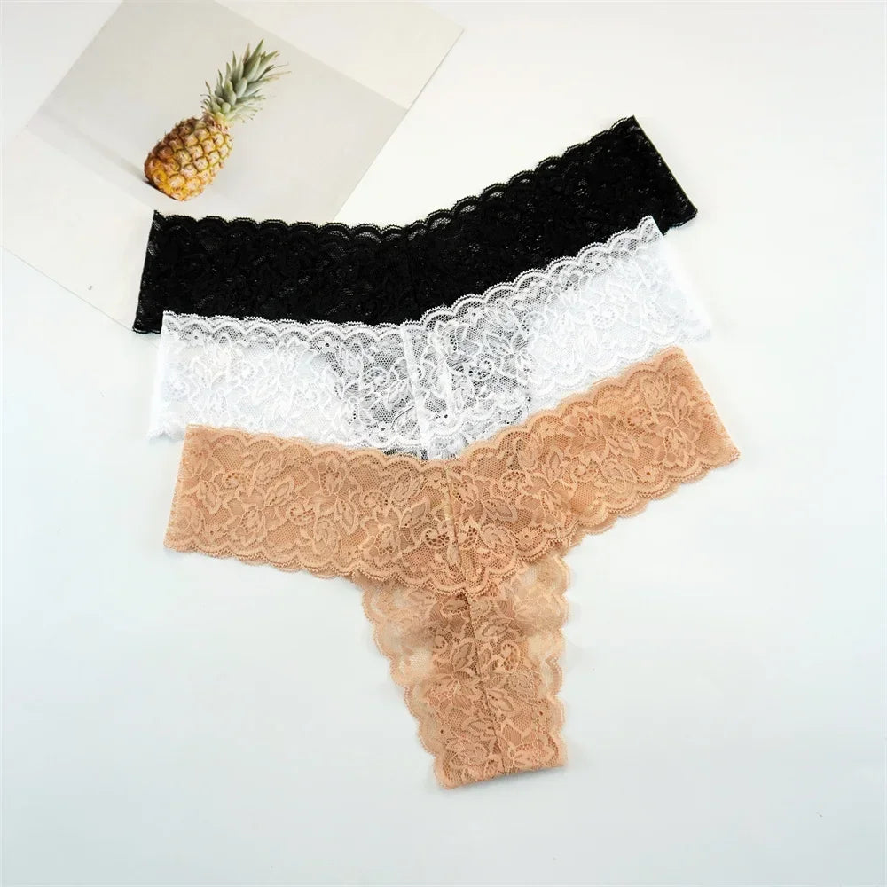 Women's Lace Thong Panties – 3-Pack Low-Rise Transparent Sexy Lingerie Set