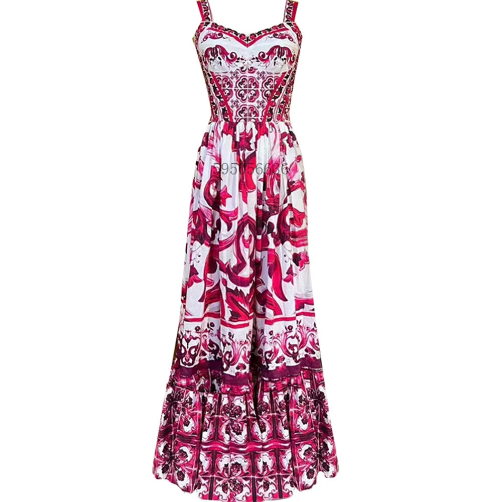 Women's Printed Maxi Dress – V-Neck Spaghetti Strap Beach Vacation Dress