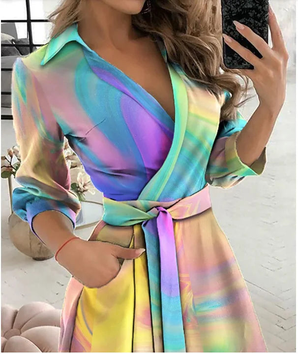 Women's Printed Long Sleeve A-Line Midi Dress — V-Neck Button-Up