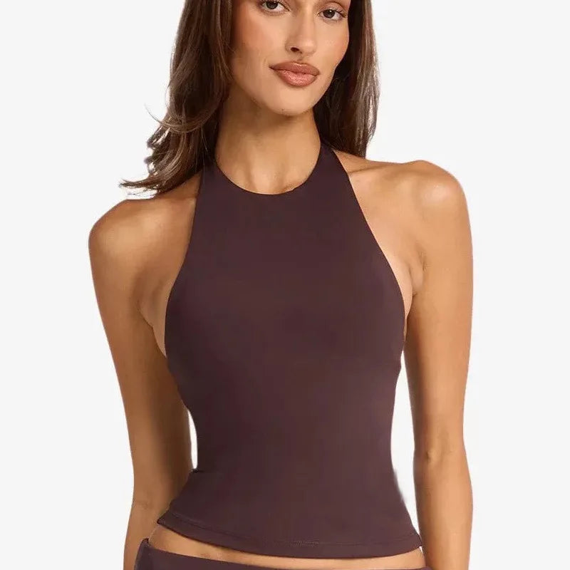 Women's Halter Open-Back Tank Top & Biker Shorts Set | Gym & Pilates