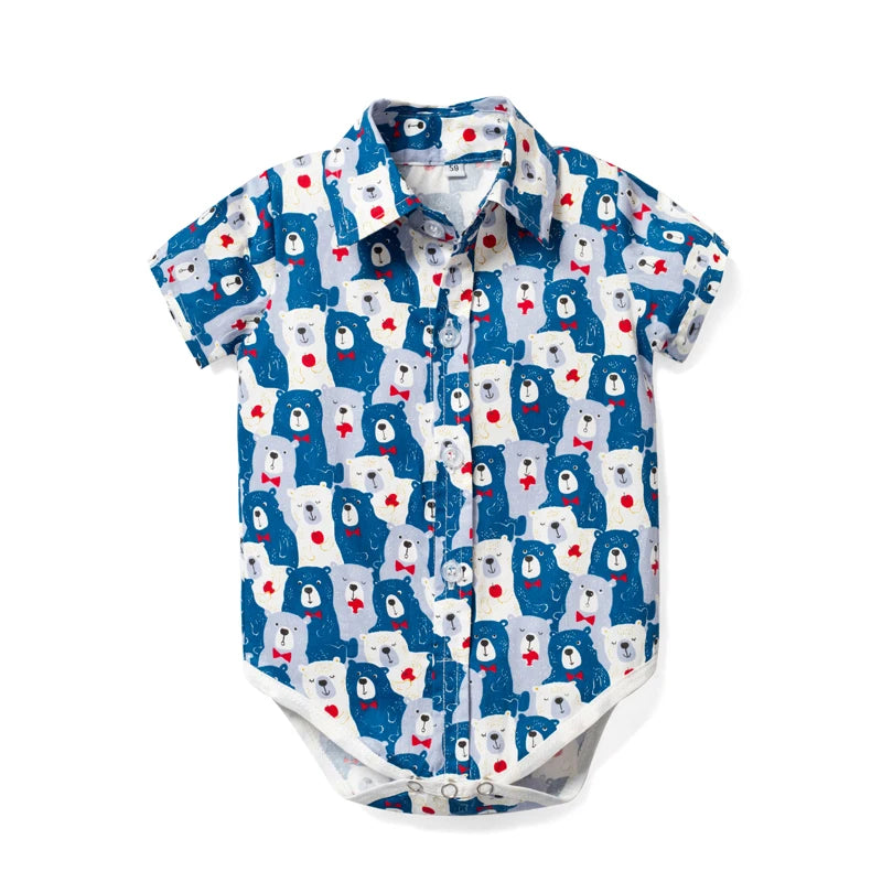 Newborn Boys Bodysuit with Bow Tie Cotton Baby Romper Soft Cartoon Animal Print Formal Short Sleeve Children Top Costume