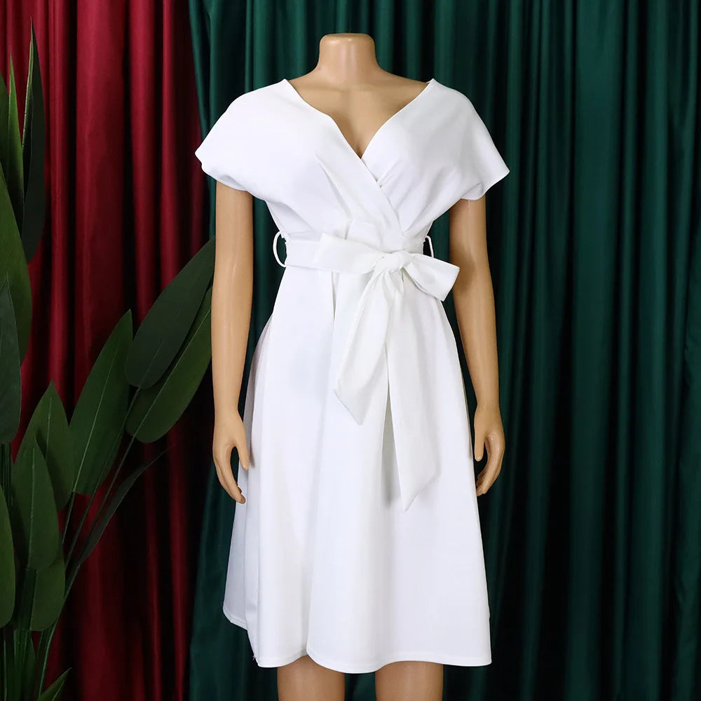 Women's Big Bow Puff Sleeve A-Line Midi Dress – V-Neck Summer Party Dress