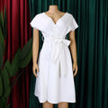 Women's Big Bow Puff Sleeve A-Line Midi Dress – V-Neck Summer Party Dress