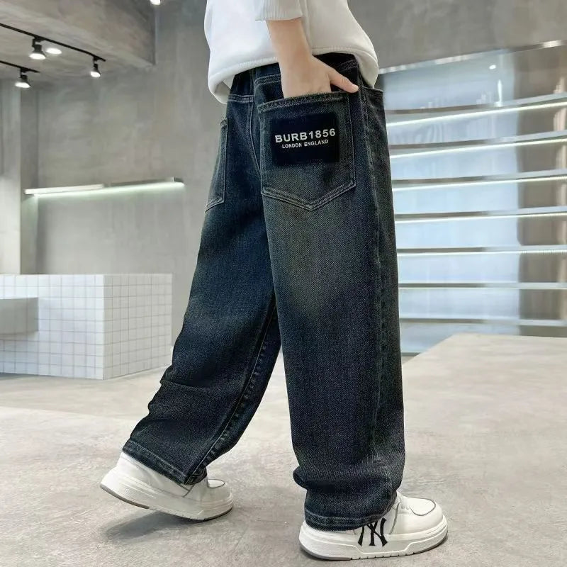Boys Loose Straight Denim Jeans | Letter Print Kids Pants Ages 4-14