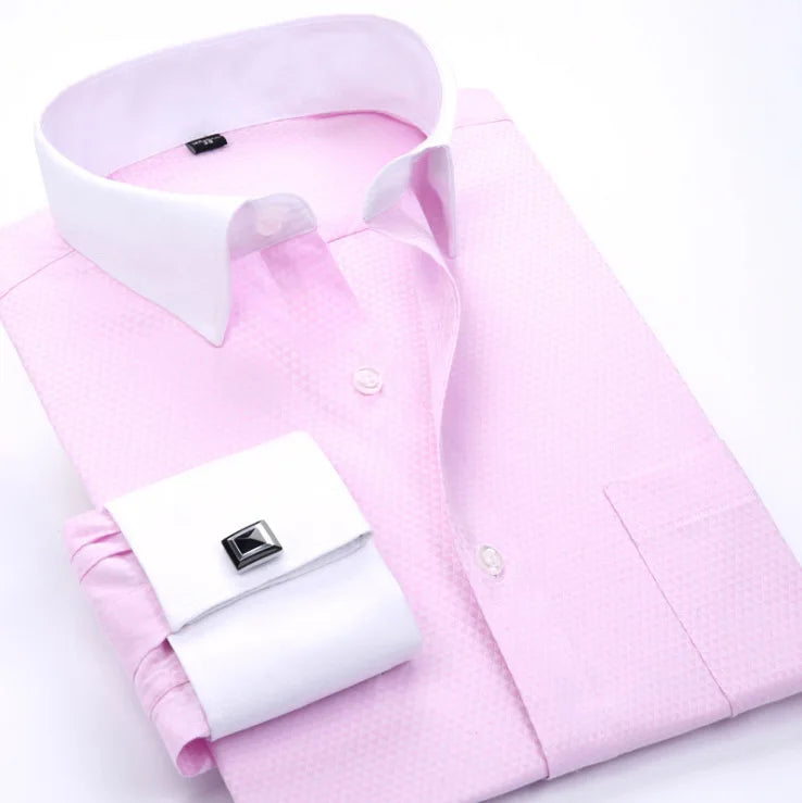 New M~6XL Cotton Men's French Cuffs Business Long Sleeve Shirt Stripes Comfortable Standard Elegant Formal Shirts Cufflink Top