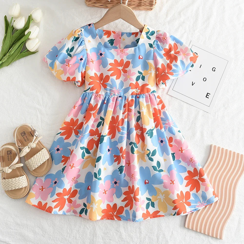 Summer New Fashionable Floral Countryside Style Dress for Baby Girls Colorful Floral Short Sleeved Dress for Girls Aged 3-7