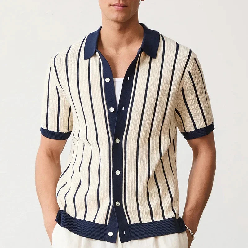Men's Luxury Knit Striped Shirt — Vintage Slim Fit Button-Up Short Sleeve | M–3XL