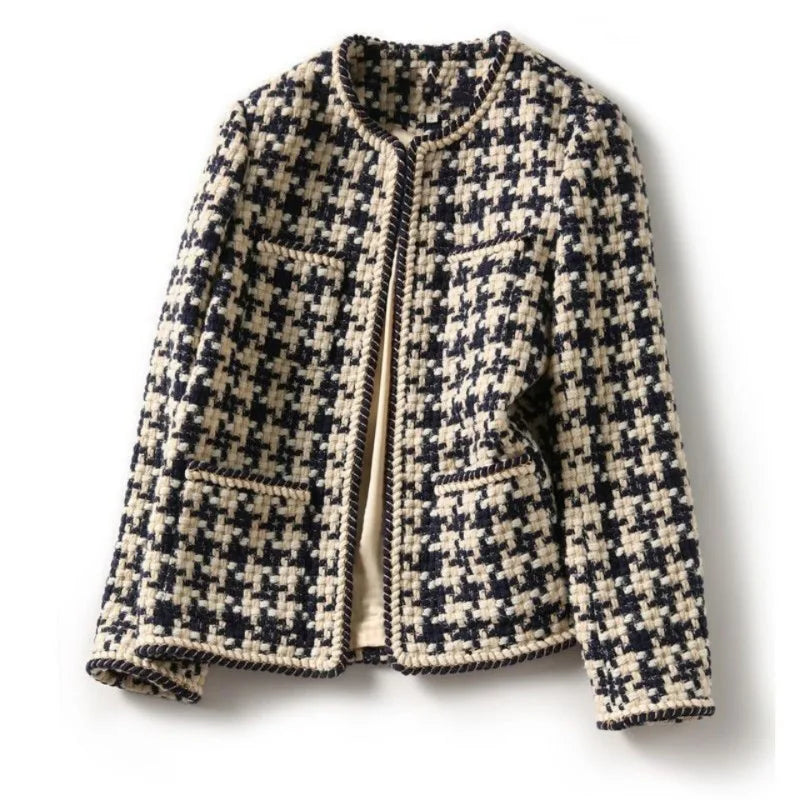 Women's Plaid Tweed Blazer – Elegant Office Jacket with Pockets