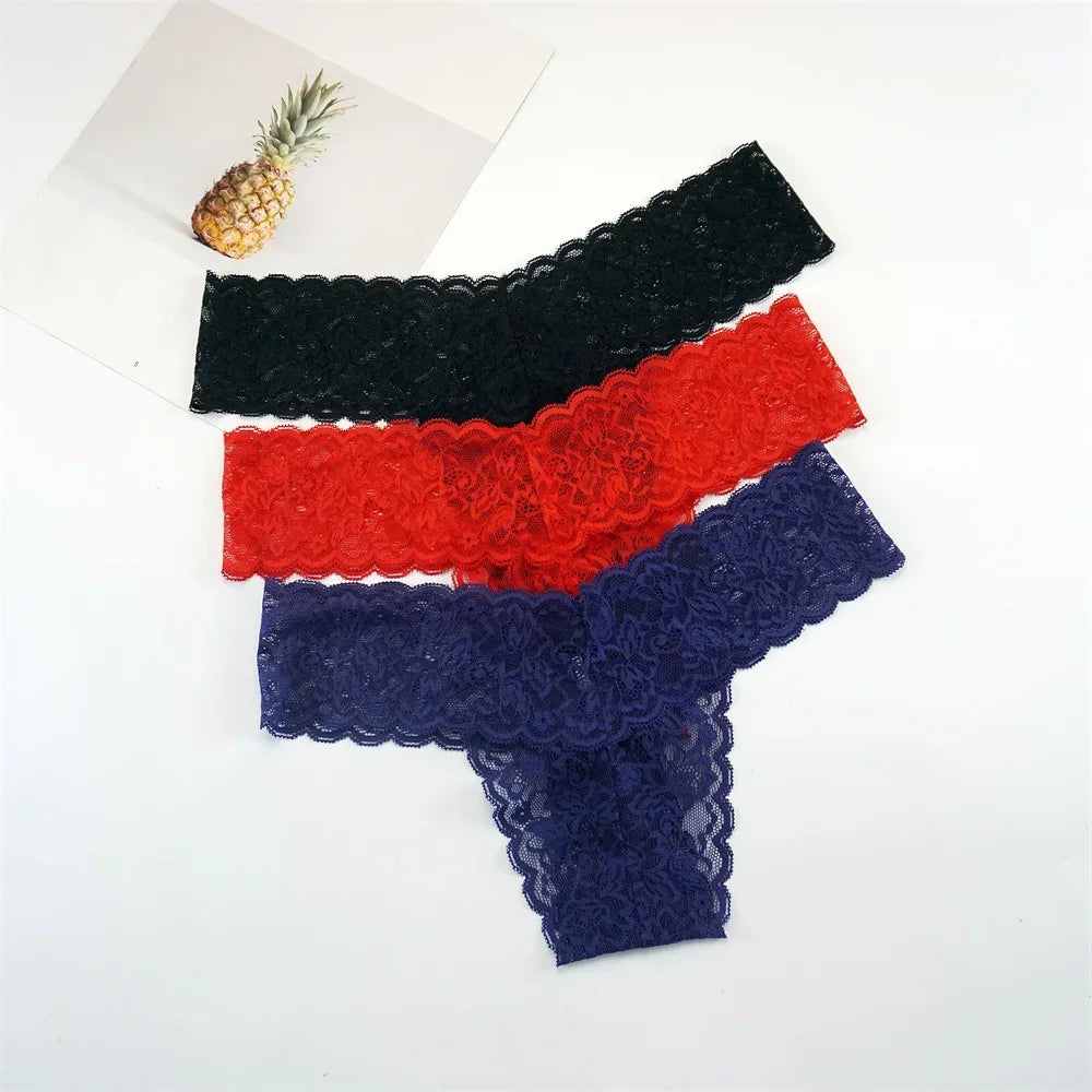 Women's Lace Thong Panties – 3-Pack Low-Rise Transparent Sexy Lingerie Set