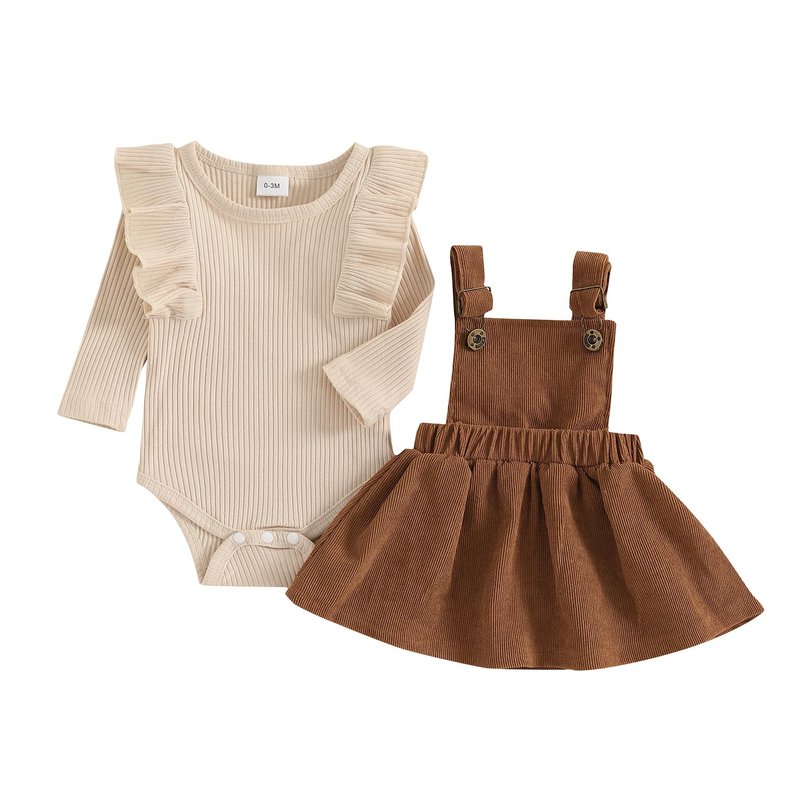 Infant Baby Girl Fall Outfits Ruffles Long Sleeve Crew Neck Ruffled Romper with Corduroy Suspender Skirt 2 Pcs Girls Sets