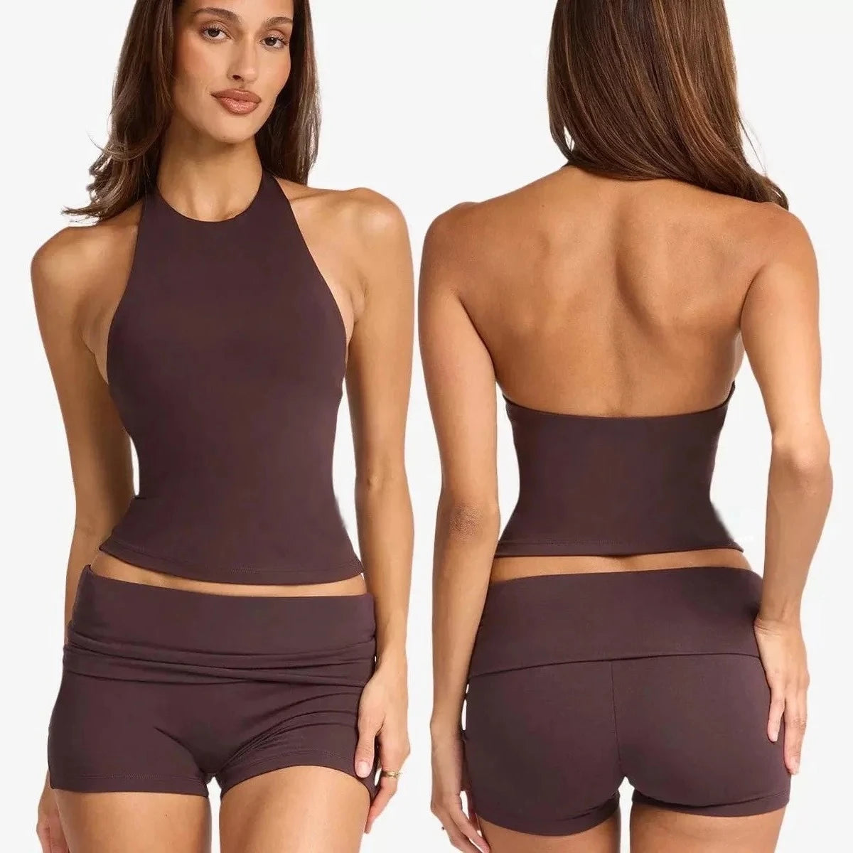Women's Halter Open-Back Tank Top & Biker Shorts Set | Gym & Pilates