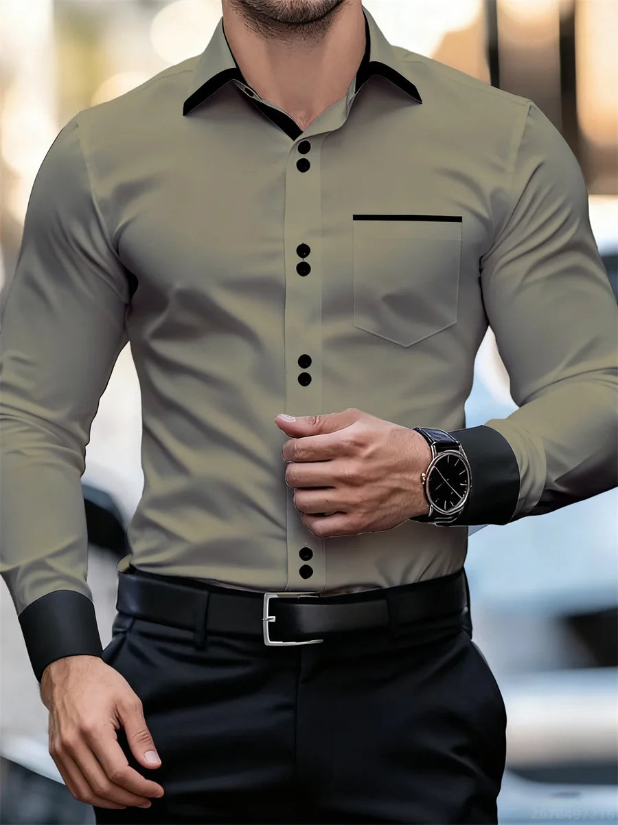 Men's Business Color Block Collar Long Sleeve Shirt, Slim Fit, Wrinkle-Free, Black and White Patchwork Shirt, Men's Fashion Top