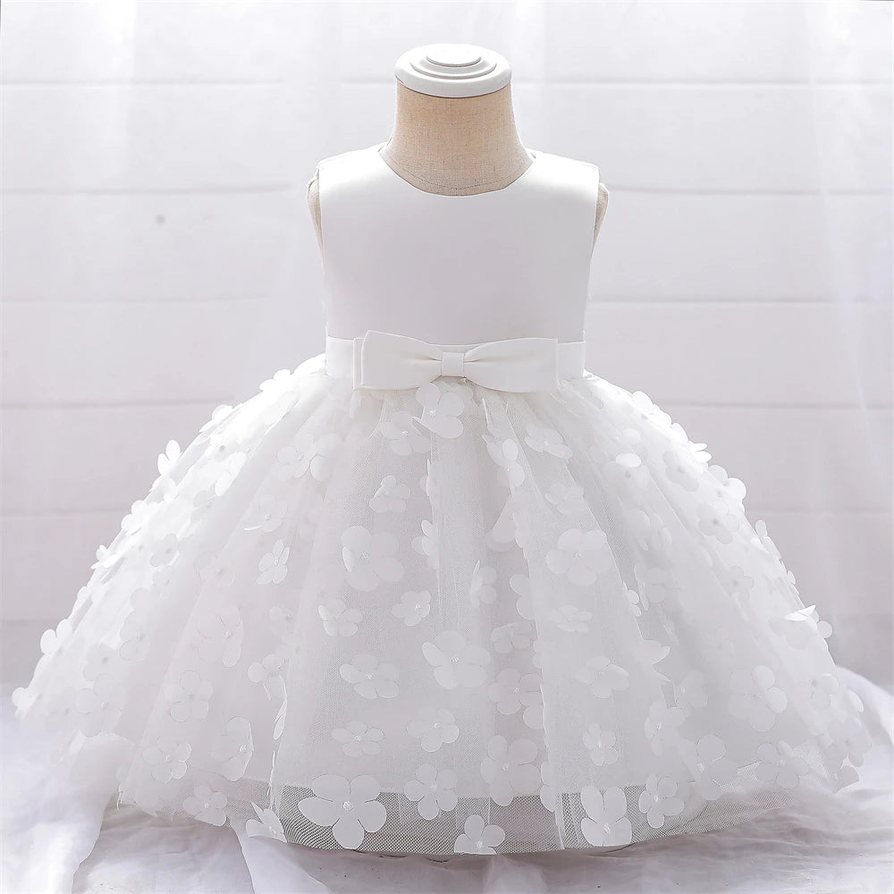 Baby Girls Flower Baptism Dress for Wedding White Bow 1st Birthday Party Princess Girl Dresses Tulle Bridemaids Evening Costumes
