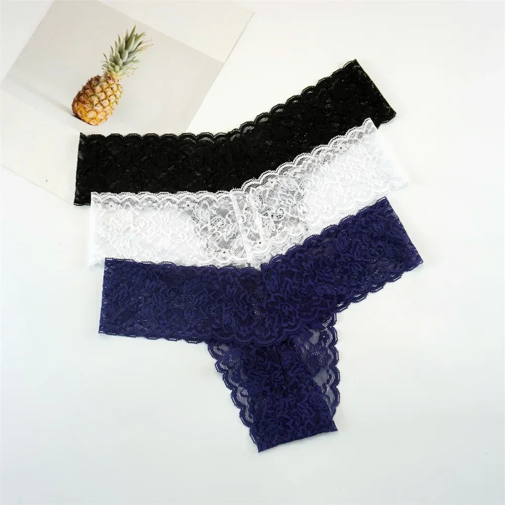 Women's Lace Thong Panties – 3-Pack Low-Rise Transparent Sexy Lingerie Set