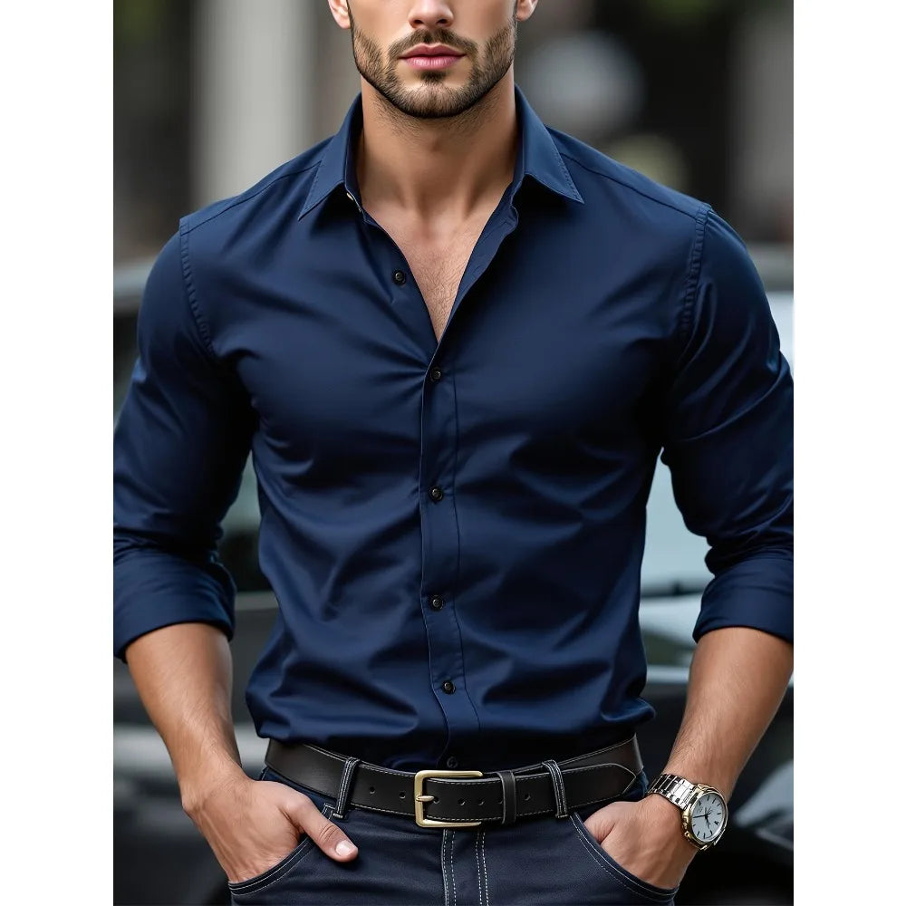 FGKKS New Men Shirt Brand New Solid Color Long Sleeve Elastic Fabric Men's Multiple Colors Male Quality Basic Shirt